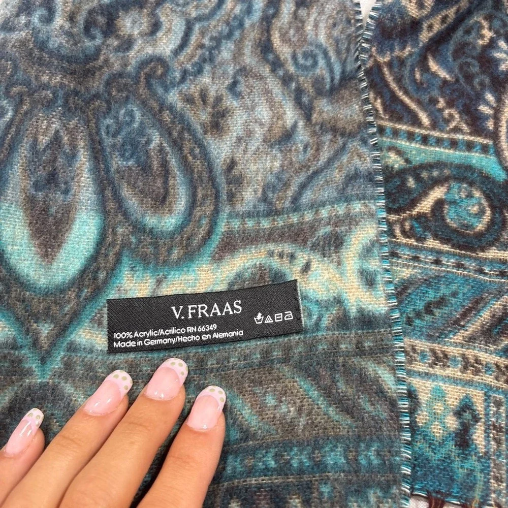 Vintage V. Fraas Paisley Scarf Blue Acrylic Fringe Made in Germany